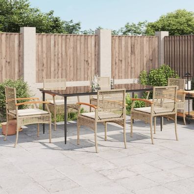 vidaXL 7-tlg. Garten-Essgruppe mit Kissen Beige Poly Rattan