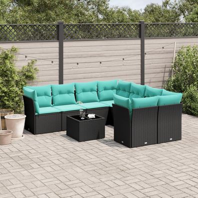 vidaXL 9-tlg. Garten-Sofagarnitur mit Kissen Schwarz Poly Rattan