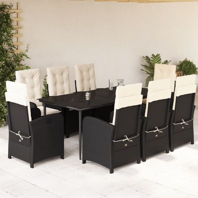 vidaXL 9-tlg. Garten-Essgruppe mit Kissen Schwarz Poly Rattan