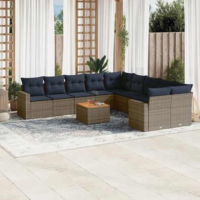 vidaXL 11-tlg. Garten-Sofagarnitur mit Kissen Grau Poly Rattan
