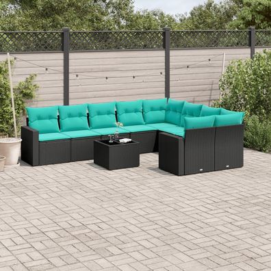 vidaXL 10-tlg. Garten-Sofagarnitur mit Kissen Schwarz Poly Rattan