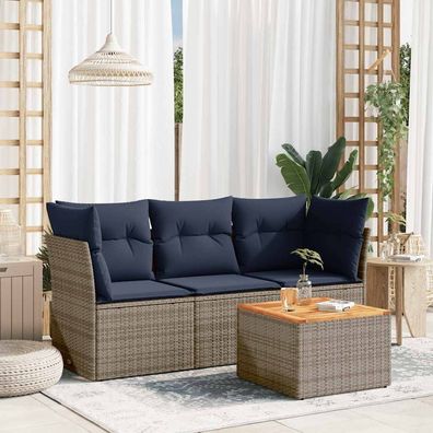 vidaXL 4-tlg. Garten-Sofagarnitur mit Kissen Grau Poly Rattan
