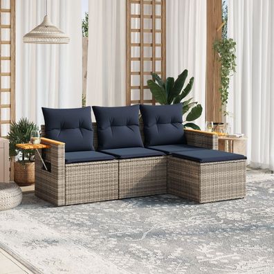 vidaXL 4-tlg. Garten-Sofagarnitur mit Kissen Grau Poly Rattan