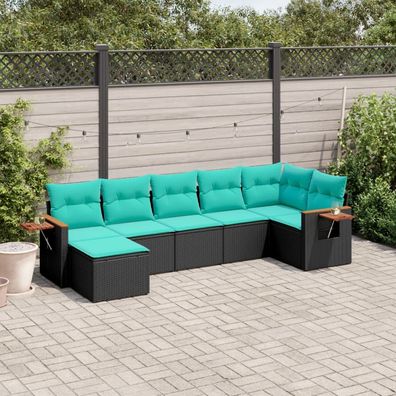 vidaXL 7-tlg. Garten-Sofagarnitur mit Kissen Schwarz Poly Rattan