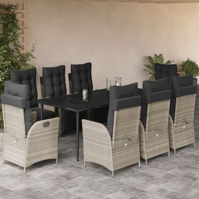 vidaXL 9-tlg. Garten-Essgruppe mit Kissen Hellgrau Poly Rattan
