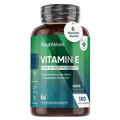 Vitamin E Weichkapseln 400IE - 180 Vegane Softgels - 6 Monate Vorrat- WeightWorld