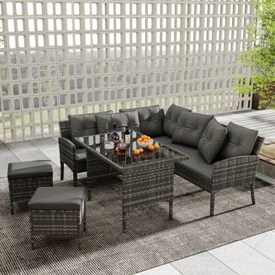 Polyrattan Sitzgruppe Esstisch Gartenmöbel Set für 7 Personen mit Waschbarer Stoffbez