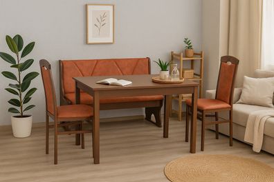 4tlg. Sitzgruppe mit Truhenbank und Esstisch, Nussbaum, Vintage Lederoptik terra