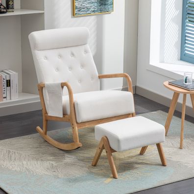 Mid-Century Modern Upholstered Rocking Chair with Ottoman & Thick Cushion
