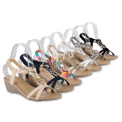 VAN HILL Damen Sandaletten Keilsandaletten Keilabsatz Zierperlen Schuhe