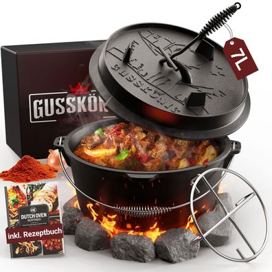 Gusskönig Dutch Oven Set 7 Liter Feuertopf Deckelheber und Edelstahl Untersetzer