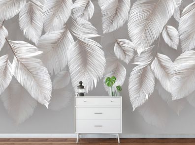 Vlies Fototapete Blätter Weiß Natur Grau TAPETE XXL Wohnzimmer Schlafzimmer