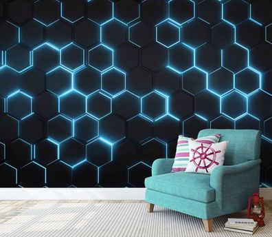 Vlies Fototapete Hexagon Blau Neon Schwarz TAPETE XXL Wohnzimmer Schlafzimmer