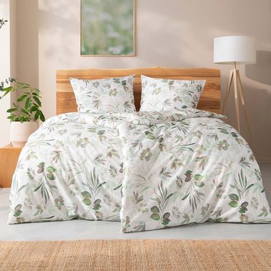 Estella Bio Mako Satin Bettwäsche 155x220 Bertha grün natur Blätter 3416-530