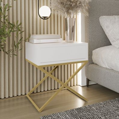 AX living Nachttisch modern Aleio X - 45 cm breit, weiß, goldenes Gestell