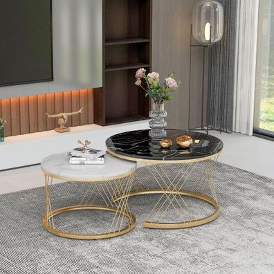 2er-Set Couchtische Marmoroptik, Rund, Goldgestell, Nesting-Design