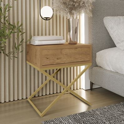 AX living Nachttisch modern Aleio X - 45 cm breit, Eiche Wotan, goldenes Gestell