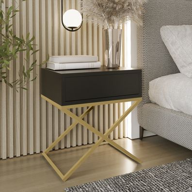 AX living Nachttisch modern Aleio X - 45cm breit, schwarz, goldenes Gestell