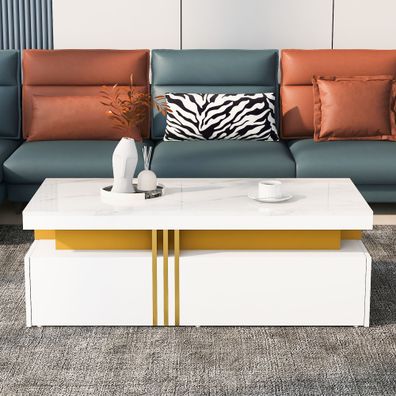 Couchtisch 100×50?cm mit Marmor-Hochglanzplatte & 2 Holzschubladen