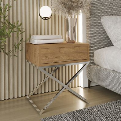 AX living Nachttisch modern Aleio X - 45cm breit, Eiche Wotan, Chromgestell