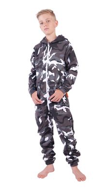 O'Poppy Kinder Jumpsuits Jungen Mädchen Overall Anzug mit Zwergen Kapuze camo grau