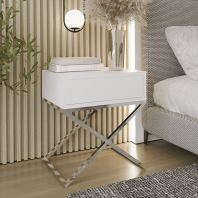AX living Nachttisch modern Aleio X - 45 cm breit, weiß, Chromgestell