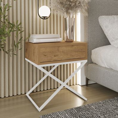 AX living Nachttisch modern Aleio X - 45 cm breit, Eiche Wotan, weißes Gestell
