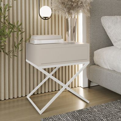 AX living Nachttisch modern Aleio X - 45cm breit, beige, weißes Gestell