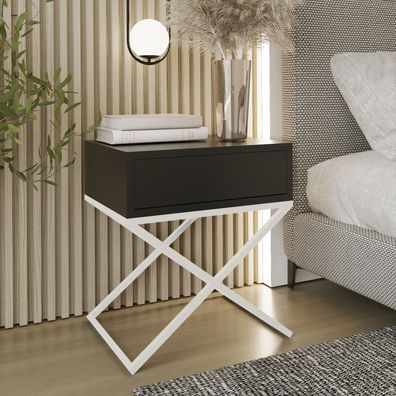 AX living Nachttisch modern Aleio X - 45cm breit, schwarz, weißes Gestell