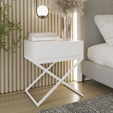 AX living Nachttisch modern Aleio X - 45 cm breit, weiß, weißes Gestell