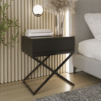 AX living Nachttisch modern Aleio X - 45 cm breit, schwarz, schwarzes Gestell