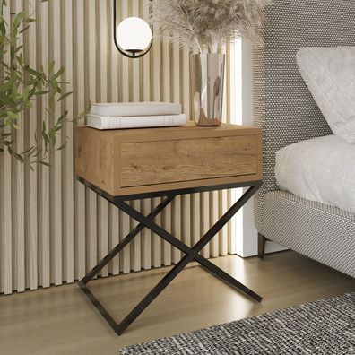 AX living Nachttisch modern Aleio X - 45 cm breit, Eiche Wotan, schwarzes Gestell