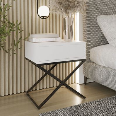 AX living Nachttisch modern Aleio X - 45 cm breit, weiß, schwarzes Gestell
