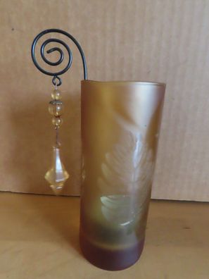 Teelichtglas Teelichthalter gelblich mit Blattmuster ca.14 cm hoch