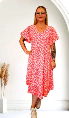 LA BASS 38 40 42 Sommerkleid Midikleid kurzarm A-Linie Neon Pink/Orange Animalprint