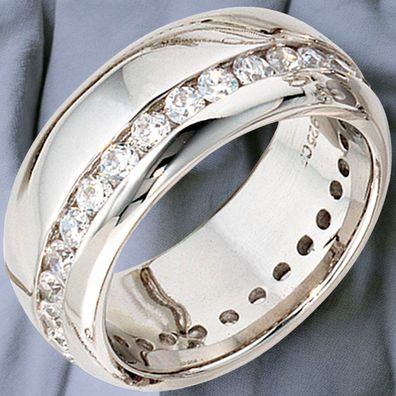 Damen Ring breit 925 Sterling Silber rhodiniert mit Zirkonia rundum Silberring
