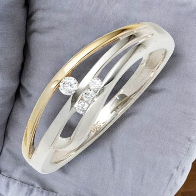 Damen Ring 925 Sterling Silber bicolor vergoldet 4 Zirkonia Silberring
