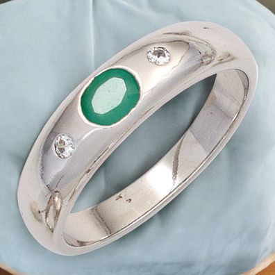 Damen Ring 925 Sterling Silber rhodiniert 1 Smaragd grün 2 Zirkonia Silberring