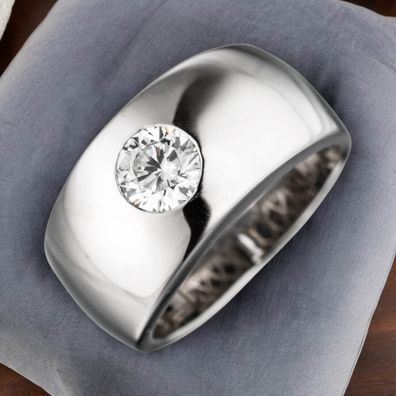 Damen Ring breit 925 Sterling Silber rhodiniert 1 Zirkonia Silberring