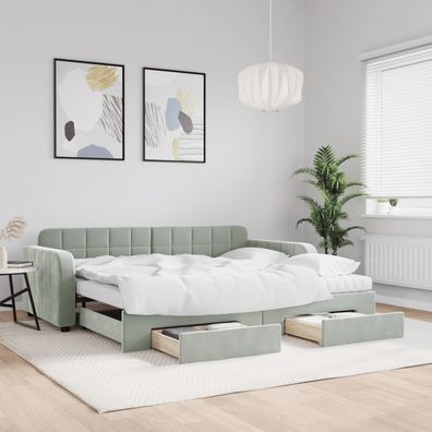 vidaXL Tagesbett Ausziehbar mit Schubladen Hellgrau 90x190 cm Samt