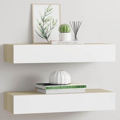 vidaXL Wandregale mit Schubladen 2 Stk. Eichen-Optik Weiß 60x23,5x10cm