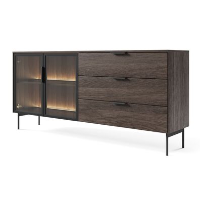 Selsey Lumi - Sideboard 2-türig mit Glasfronten, 3 Schubladen und LED, Eiche Dunin, 1