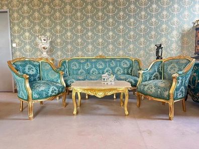 Sofa Set Retro Baroque Style in Blue Velvet Gold Antique Style Handmade Sofa Set