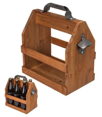 Party Holz Bierträger für 6 x 0,5 l Sixpack mit Metall Flaschenöffner Vintage