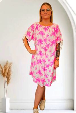 Italy Sommerkleid Kleid kurzarm Carmen-Ausschnitt Palmenprint Weiß/Pink one size