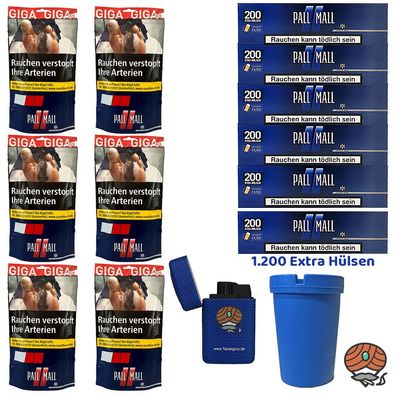 6x Pall Mall Red/Rot Volumentabak Beutel à 104g + Blue Xtra Hülsen + Aschenbecher