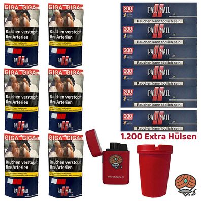 6x Pall Mall Red/Rot Volumentabak Beutel à 104g + Xtra Hülsen + Zubehör