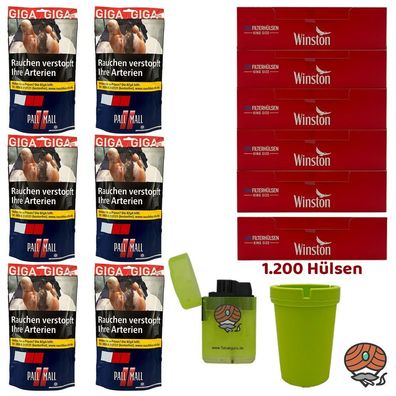 6x Pall Mall Red/Rot Volumentabak Beutel à 104g + Winston Hülsen + Zubehör