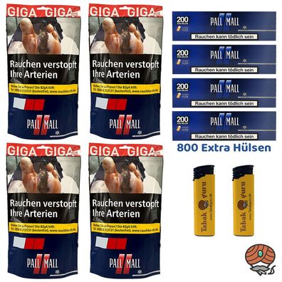 4x Pall Mall Red/Rot Volumentabak Beutel à 104g, Blue Xtra Hülsen, Feuerzeuge