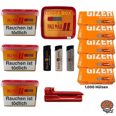 Pall Mall Allround Mega Box 4x 125g Tabak, Gizeh Hülsen, Stopfer, Feuerzeuge